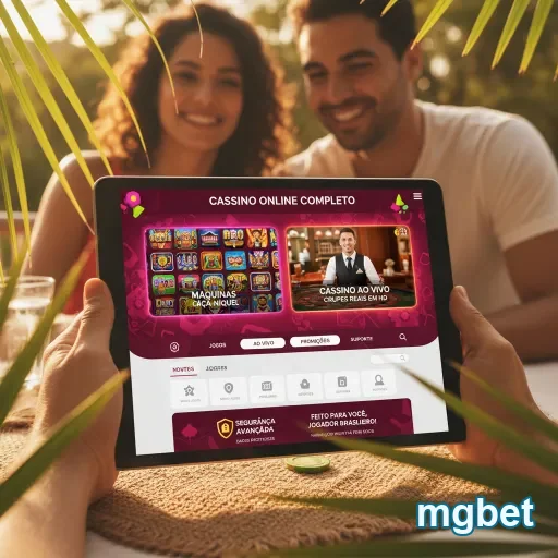 Casal sorridente jogando em tablet com a plataforma mgbet.