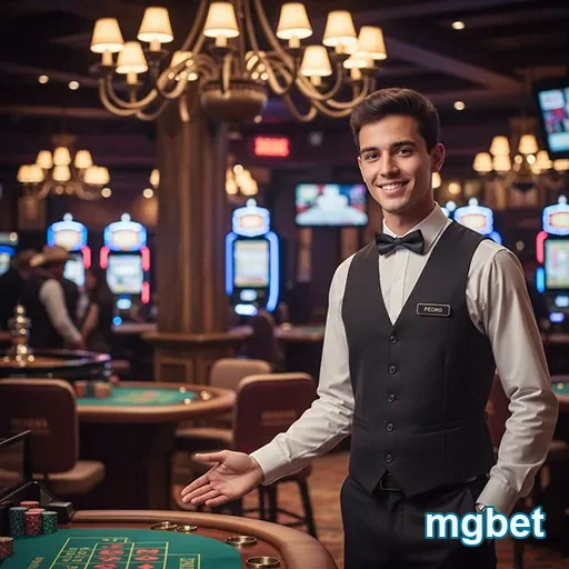 Dealer sorridente no cassino, representando a experiência mobile na mgbet.