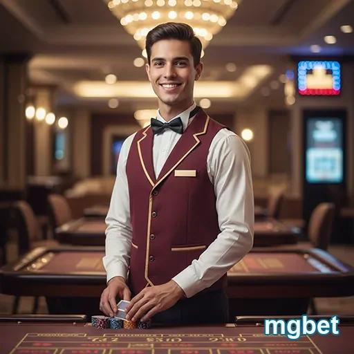 Croupier na mesa de jogos da mgbet, pronto para atendimento VIP.