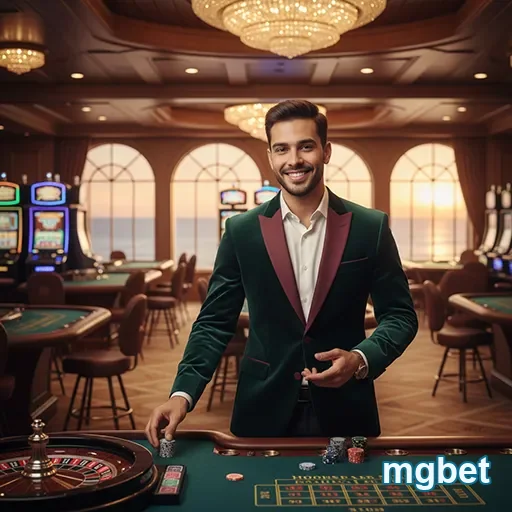 Jogador VIP feliz em cassino da mgbet com fichas de aposta.